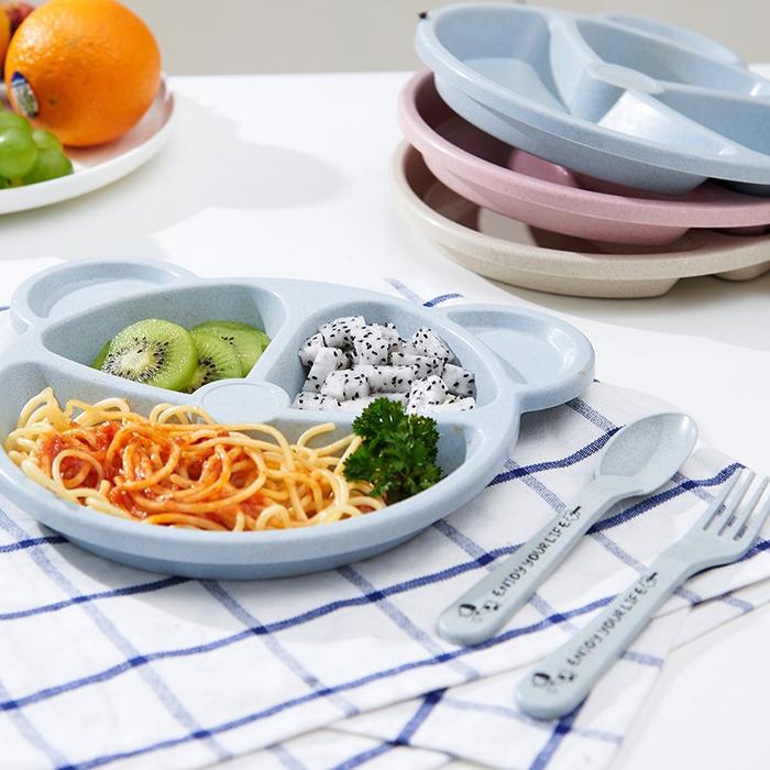 Jerami Gandum Kartun Anak-anak Kotak Piring Makan Siswa TK Peralatan Makan Piring Makan Set 3-Piece 