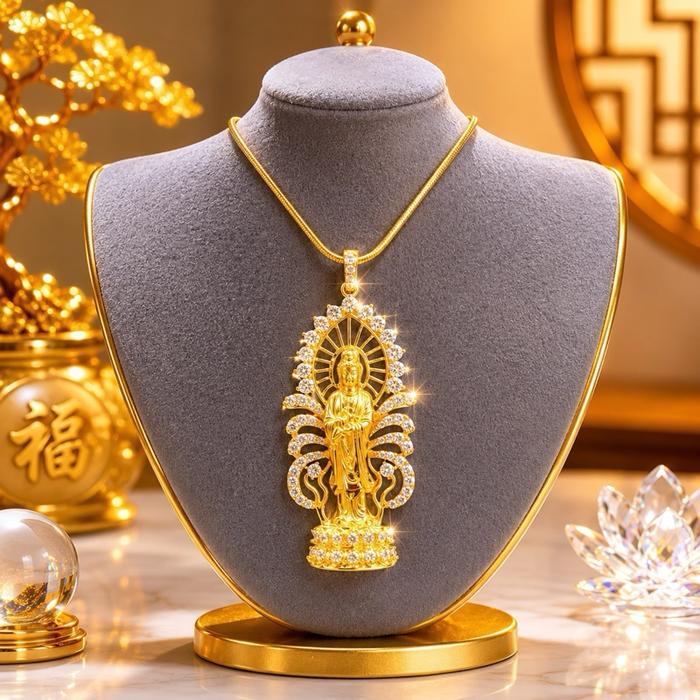 Kalung Liontin Dewi Kwan Im Guanyin Berdiri Bahan Xuping Lapis Emas Permata Zircon