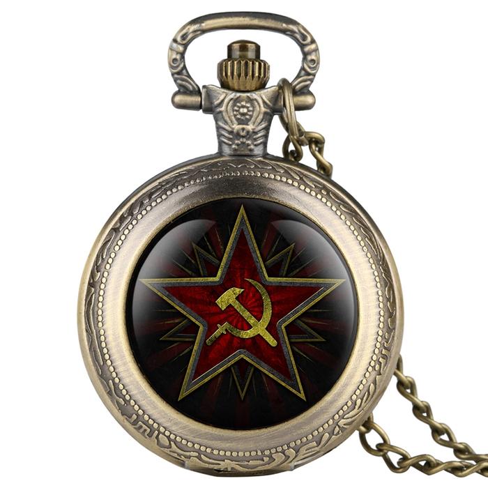 IMPORT Pentagram Party Emblem USSR Soviet Badges Hammer Sickle Black Quartz Pocket Watch Russian Arm