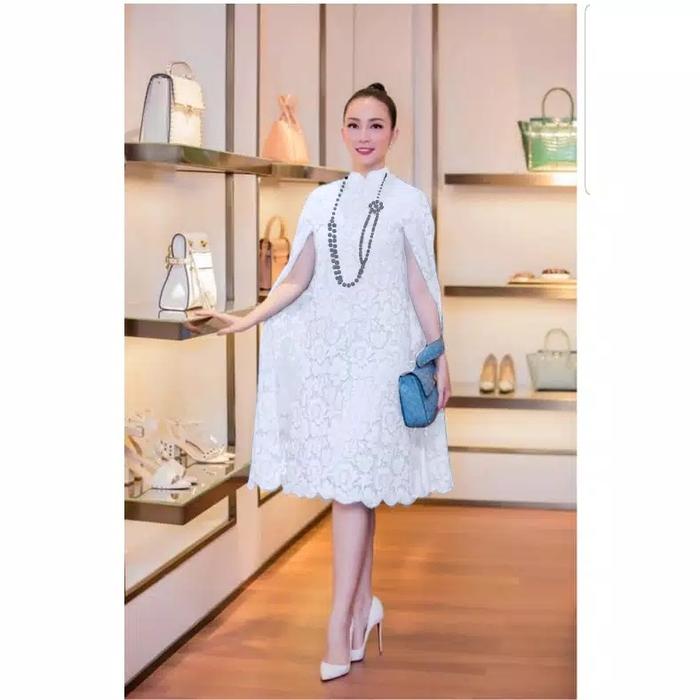 Baju Kondangan Wanita Dress Korea Polos Hitam Putih Midi Dress Korean Style Brokat Lengan Batwing Br