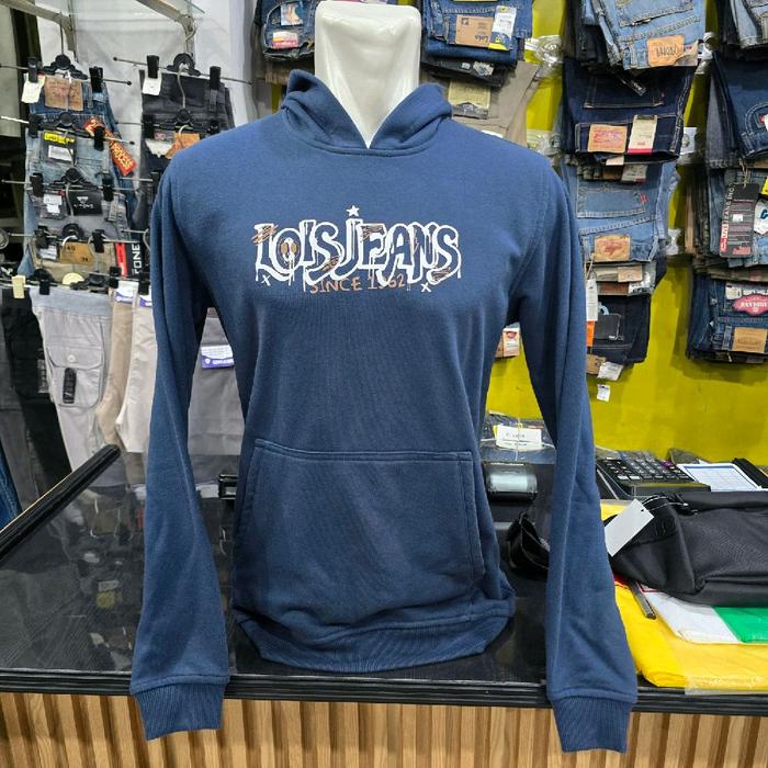 Lois Hoodie Biru Tua dengan Logo Menonjol dan Desain Nyaman untuk Penggunaan Sehari-hari Lois Jeans 