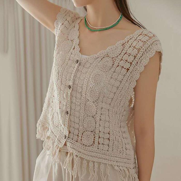 Rompi Rajut Crochet Korea Motif Bunga dengan Rumbai – Outer Wanita Vintage Bohemian