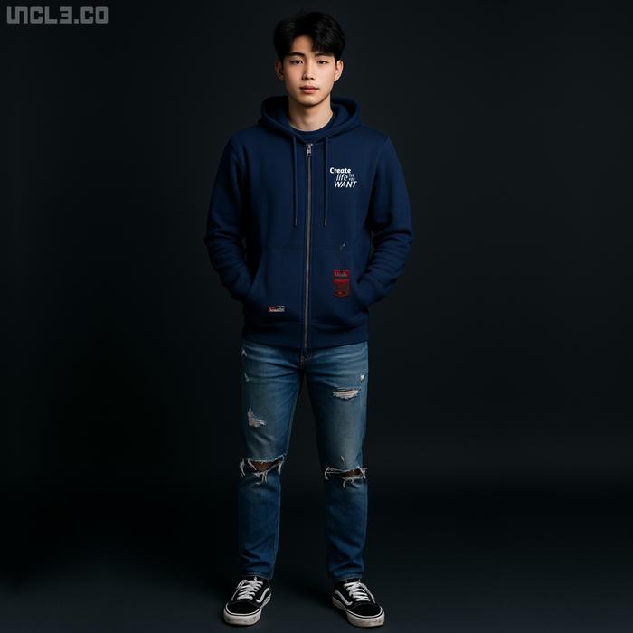 UNCLE.id Jaket Hoodie Zipper Oversized Fleece Pria Wanita Sweater Navy Tebal