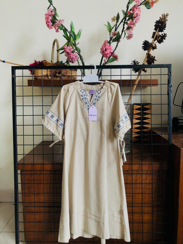 Birdie Boom Dress Gamis Fashion Muslimah Cream Bordir Bunga 3-4 Tahun