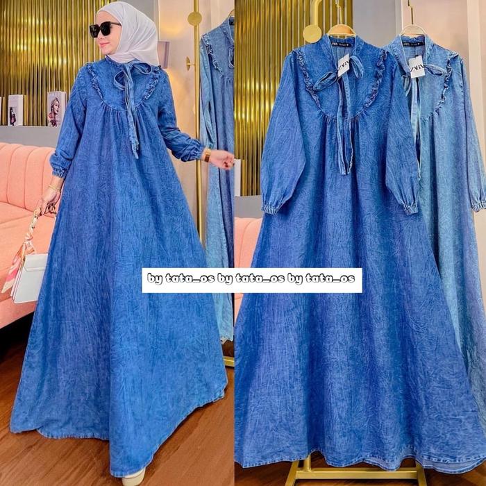 BANGKOK SABRINA BY MJS DRESS GAMIS TAG LABEL SOFT JEANS COLLAR RIBBON PITA