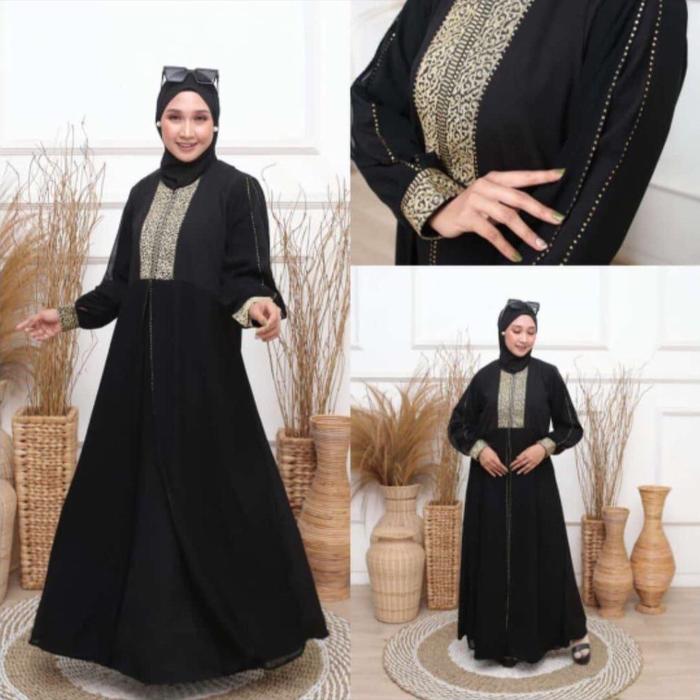 Abaya Exclusive Dewasa Arab Pesta Turkey Dubai Hitam Kombinasi Bordir Wanita Muslim - Bahan Wolfis H