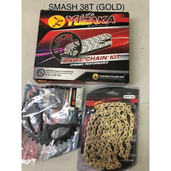 chainkit GEARSET GIRSET GERSET GEAR GIR GER DEPAN BELAKANG RANTAI 428H GOLD SUZUKI smash 14T 38T ASL