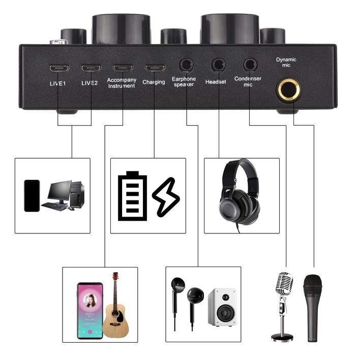 V8 External Live Sound Card Microphone Set Mini Sound Mixer Board for
