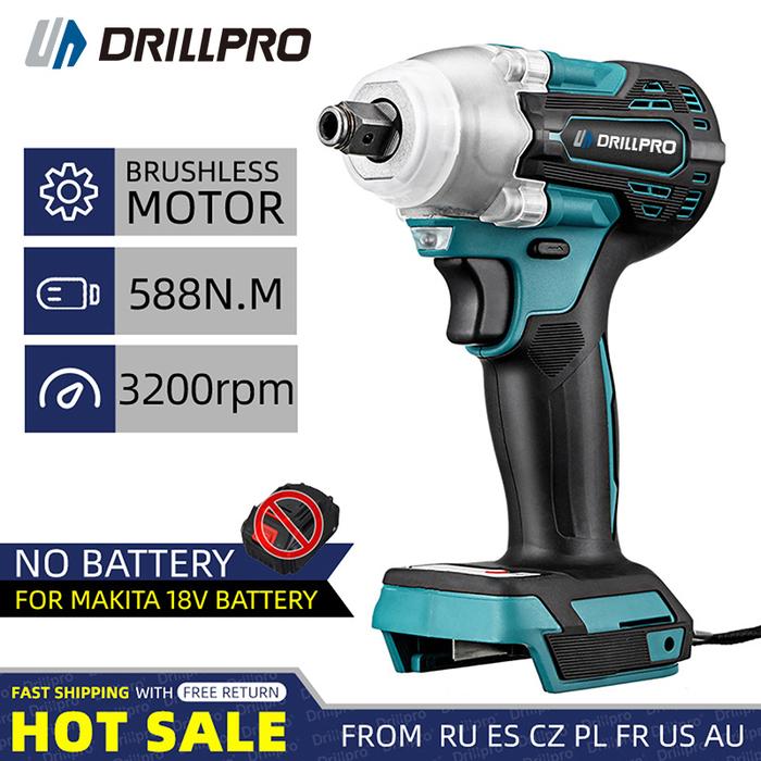 Drillpro 588N.m Brushless Impact Wrench 1/2" Cordless Electric Wrench Drill Screwdriver Power Tool f