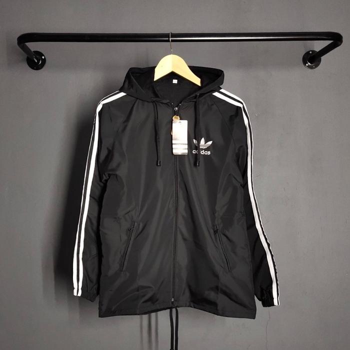 Jaket Pria Parasut Adidas Windbteaker Hitam List Putih XL XXL - Jaket Parsut Jumbo - Jaket Olahraga 