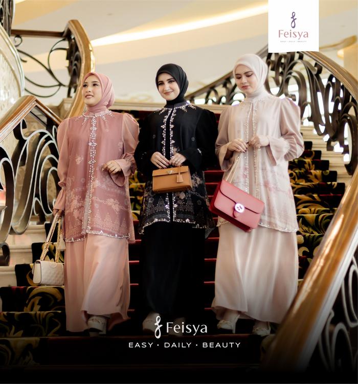 Feisya.id - Dress Ceruty Printing Gamis Wanita Aksen Payet Tengah Mewah