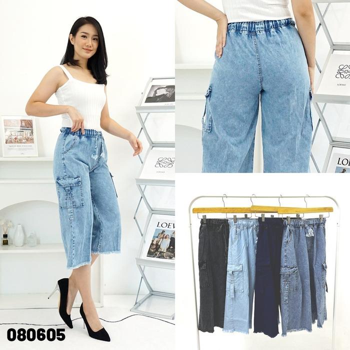 storelly99 4 warna [Bisa COD] Celana Pendek Kulot Cargo Kantong Samping 7/8 Pinggang Karet Jeans Wan