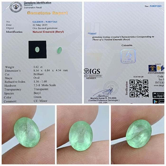 Natural Emerald Beryl Colombia 1,6ct Minor memo GLI Zamrud Columbia kristal bagus