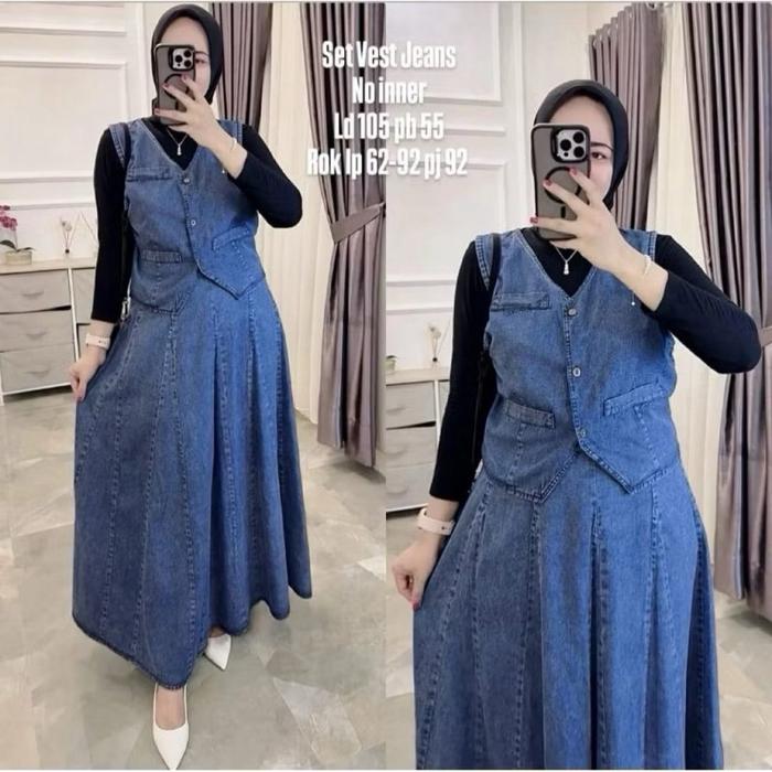 Setelan Rok Jeans Premium Wanita Formal LD 110 Crop Kotak Atasan Celana Panjang Blazer Muslim Stretc
