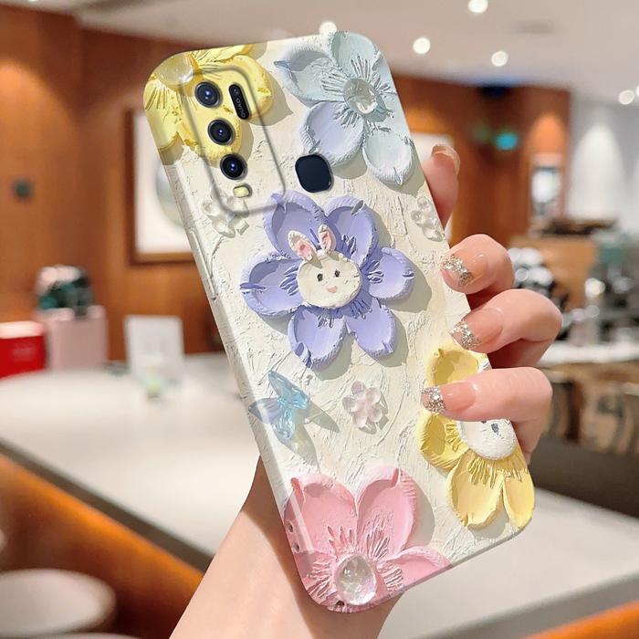 For Vivo Y30 Y50 Y30i 1938 Untuk Phone Hard Case Kartun Spring Oil Painting Rabbit Flower Crystal Bu