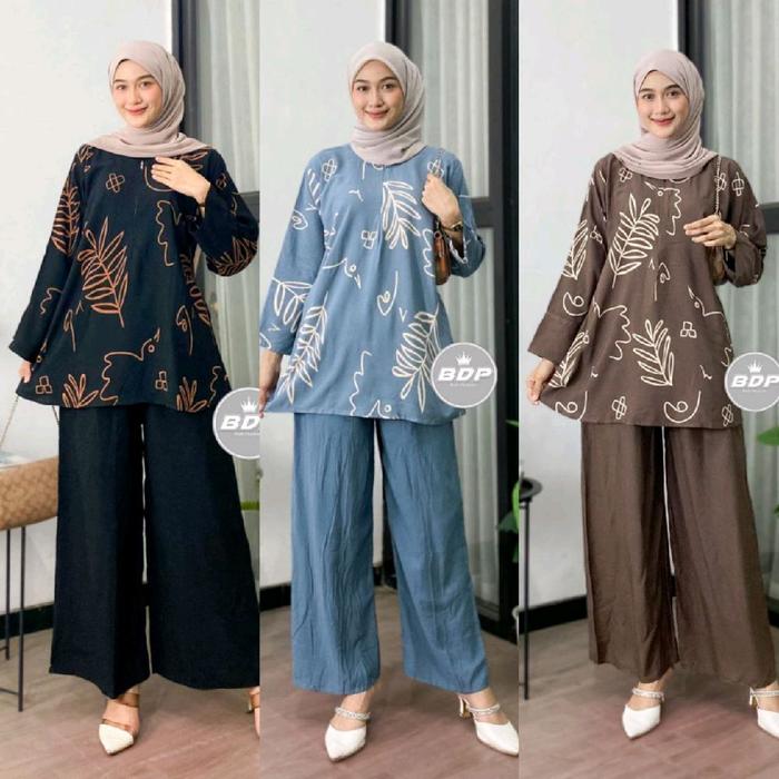 BDP Setelan Baju dan Celana One Set Batik Bahan Rayon Wanita Panjang Kulot Atasan Tunik Dewasa Remaj
