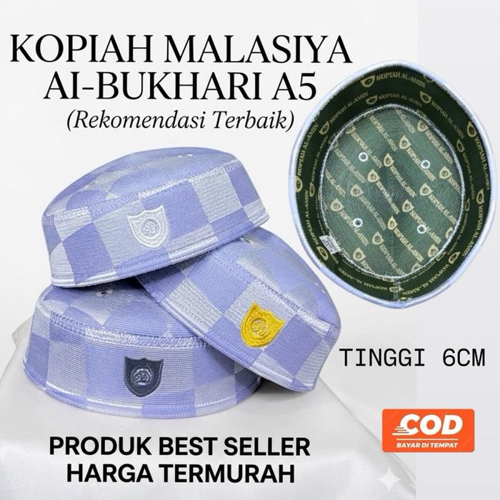 Kopiah Malaysia A6 al-Bukhari Premium,Peci Malasiya Al-Bukhari A6,songkok putih kain sutra asli meng