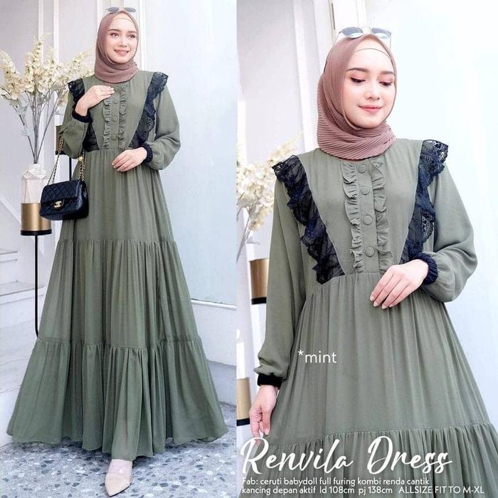 Baju Gamis Wanita Kekinian Import Renvila Dress BL LD 110 PB 138 Bahan Ceruty Babydoll  Full Furing 