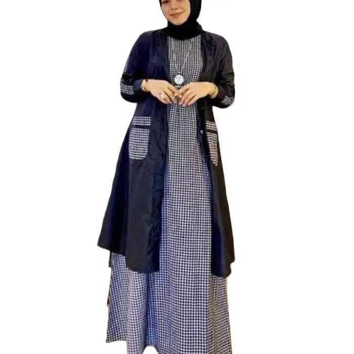AHZA SET DRESS OUTER/ONE SET INNER DAN OUTER KOTAK KATUN Gamis Muslim  Wanita Dewasa Linen Nyaman Ba