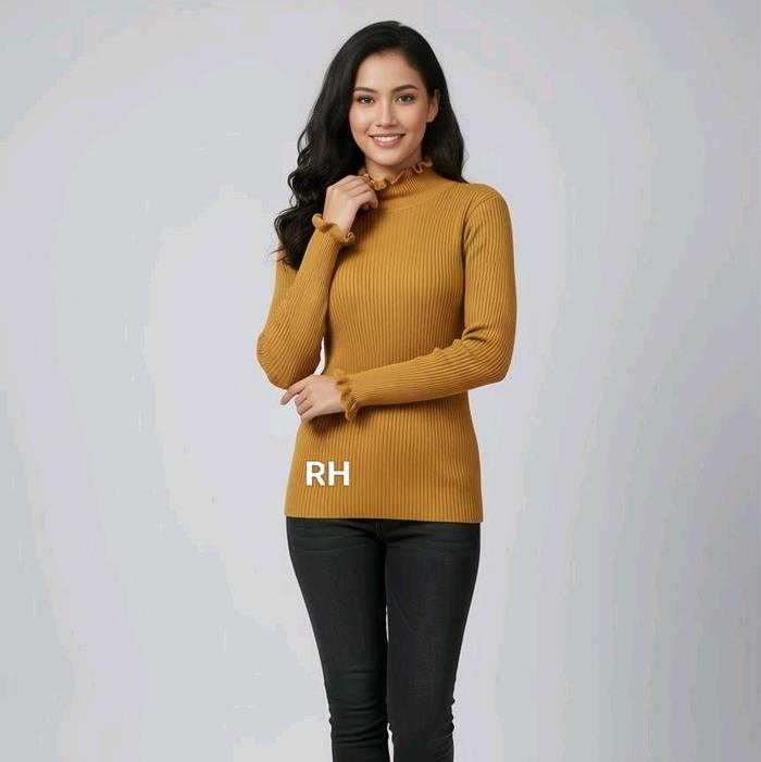 Sweater Baju Rajut Wanita kerah tinggi Bulat Kriwil Turtleneck tangan panjang warna Kuning Mustard S