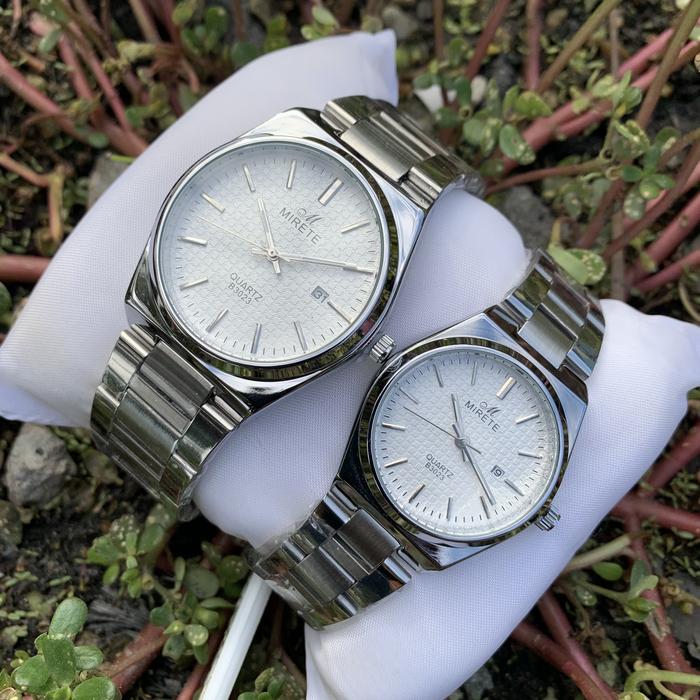 Jam tangan mirete high class rantai Silver plat putih B3023 classic couple fitur tanggal/calender ak