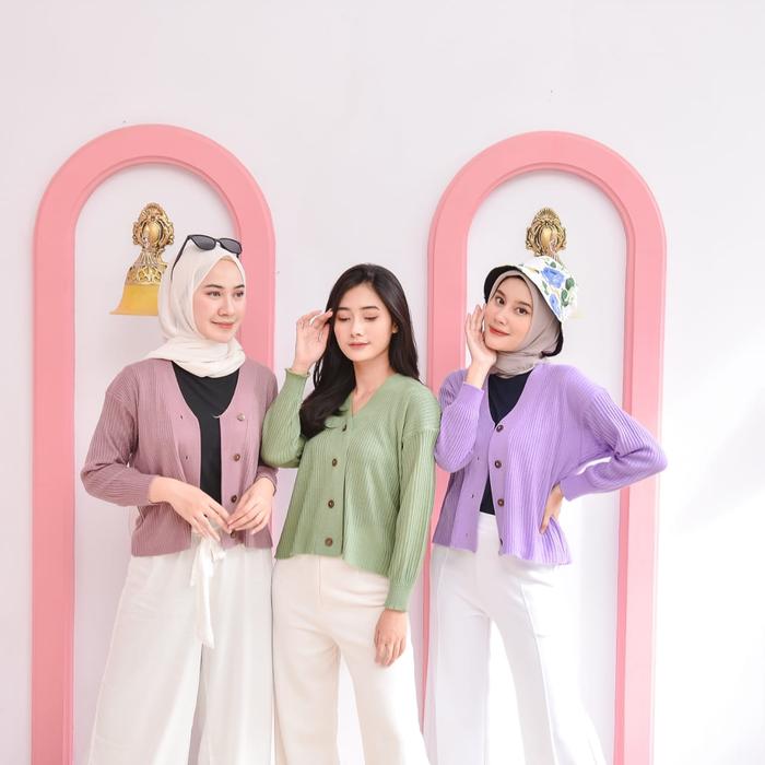 STRADA Cardigan Rajut Wanita Polos Kancing Crop Pendek Kardigan Cardy
