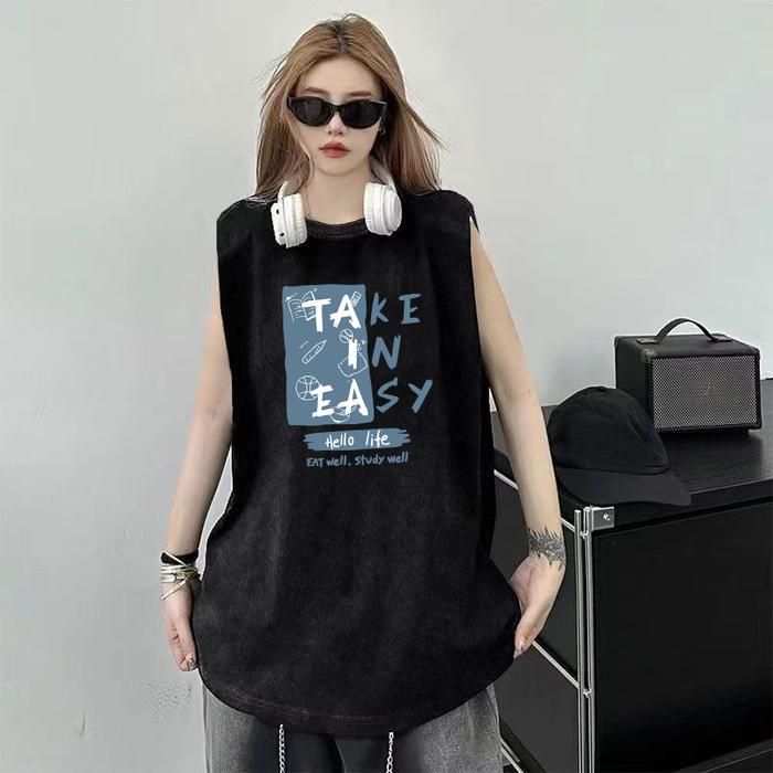 Rompi usang yang dicuci musim panas, gaya basket, unisex trendi Korea, ukuran besar, tanpa lengan, l