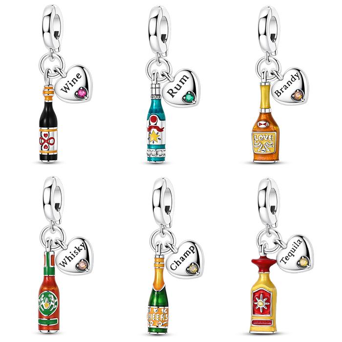 Liquor Original Charms 925 Silver Rum Wine Champ Brandy Whisky Tequila Pendants Fit Bracelet Making 