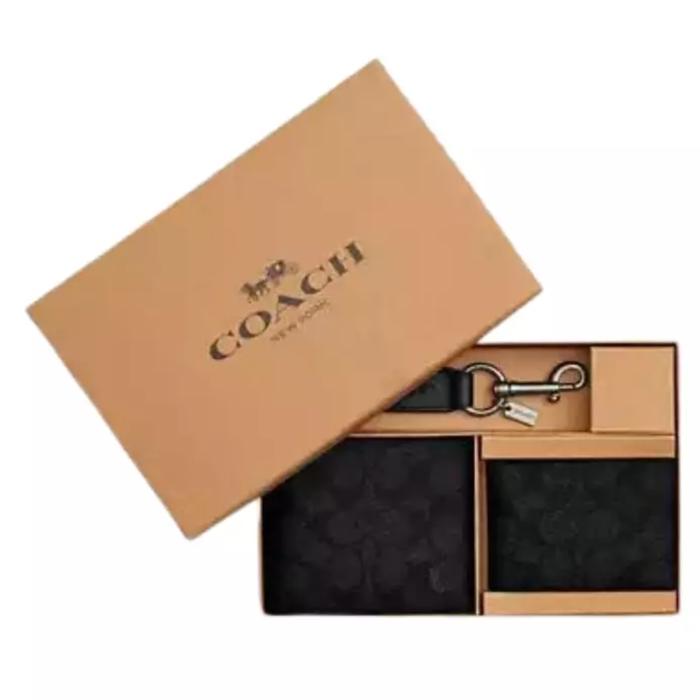 COSEY Coach Boxed 3 In 1 Wallet Gift Set In Signature Canvas/Gunmetal/Charcoal/Black -