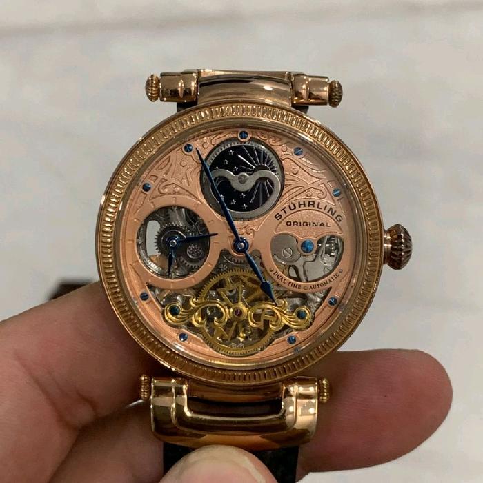 Jam Tangan Stuhrling Original 353A.334K14 Magistrate Automatic Skeleton AM/PM Indicator Dual Time Ro