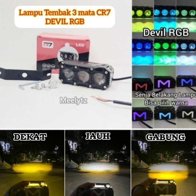 LAMPU TEMBAK SQL 3 MATA CR7 PLUS DEVIL RGB DAN SENJA FULL ALUMUNIUM WATERPROOF PREMIUM CS1071