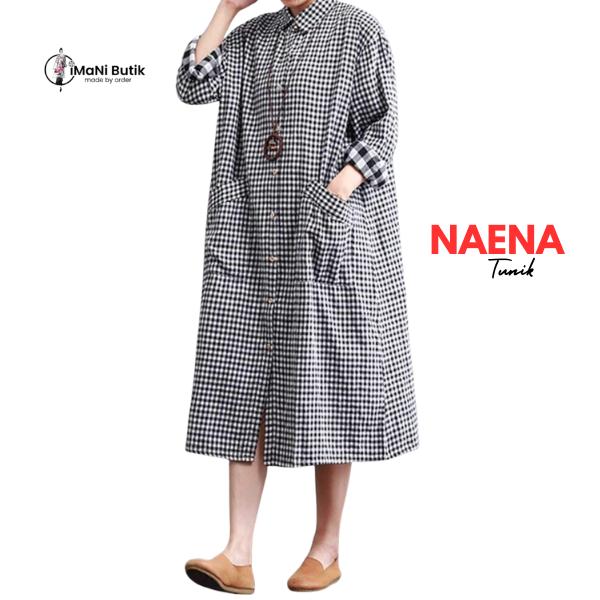 Imani Butik | Fashion Muslim Tunik Naena Kotak Casual Katun Dress Midi Baju Atasan Panjang Pendek Im