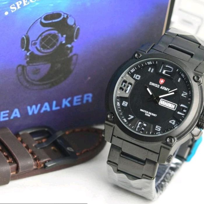 Jam Tangan Pria Swiss Army Ori Analog Tgl Hari Aktif Rantai Free Box