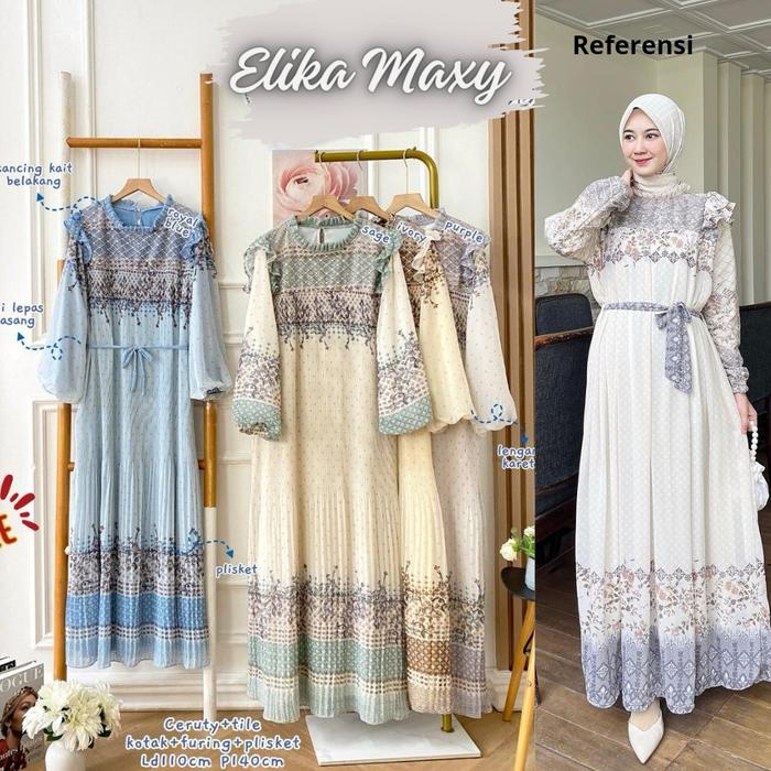 [ORI] Elika Maxy Dress Ceruty Plisket Tille/Gamis Maxy Motif Plisket Korean Import Bangkok Pesta Leb