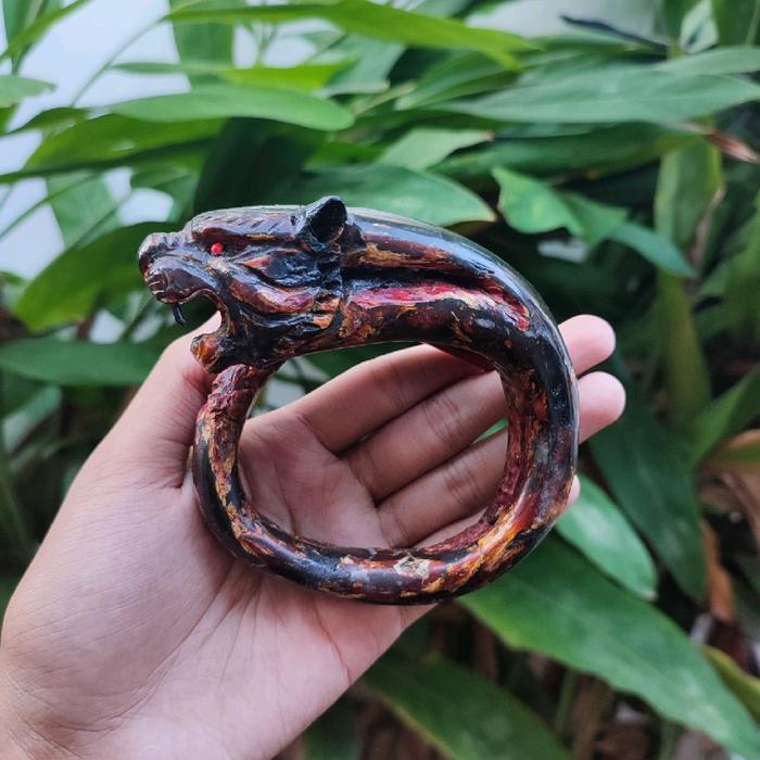 Gelang Akar Bahar Merah Ukir Macan Size Jumbo Asli Berkualitas / Akar Bahar Asli