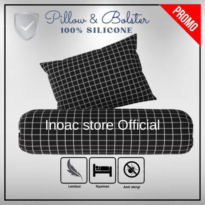 PROMO!!Paket 1 set Bantal Guling tidur Hotel Silikon Grade A Motif Kotak hitam