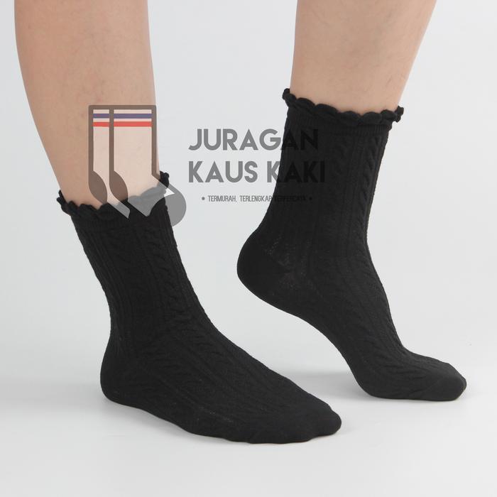 Kaos Kaki Panjang Wanita Rajut Renda Polos - HITAM