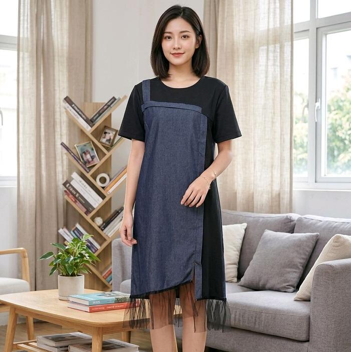 Dresscovery.id | D#013 Qarina Denim Scuba Tulle Slit Dress | Dress Wanita Jeans Denim Casual Nyaman 