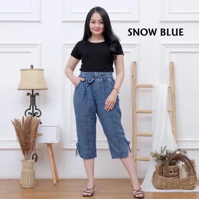 AFAREEN - Baggy Jeans Pendek Wanita Celana Kulot Jeans Gemini 7/8 Pinggang Karet Kolor Jumbo BB 50-6