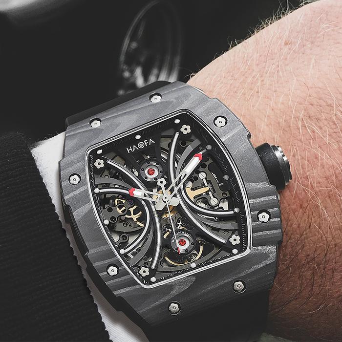 Haofa Automatic Mechanical Mens Watch Carbon Fiber Bezel Skeleton Sapphire Movement Self-wind Watche