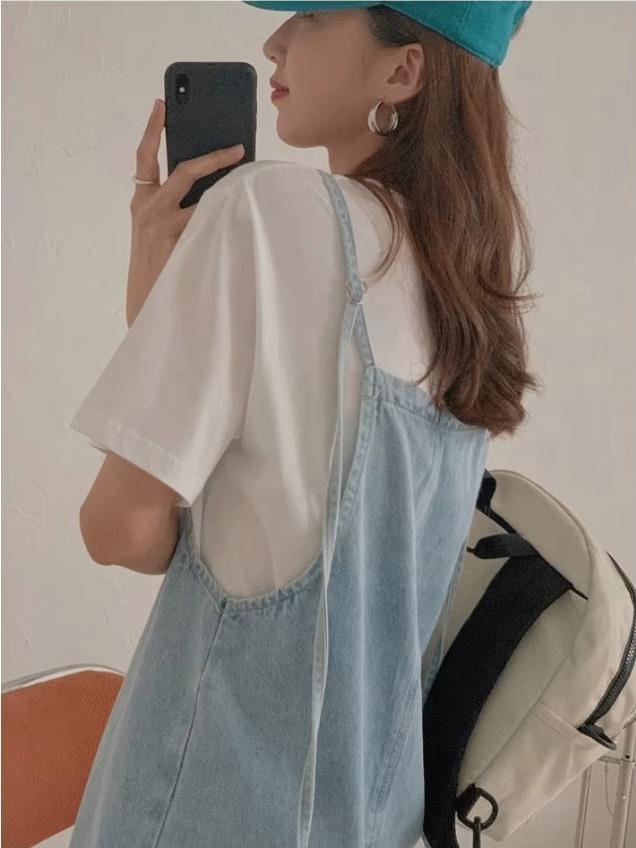 Rok denim tali bahu wanita, model baru musim panas 2025, busana wanita Korea, panjang sedang, longga