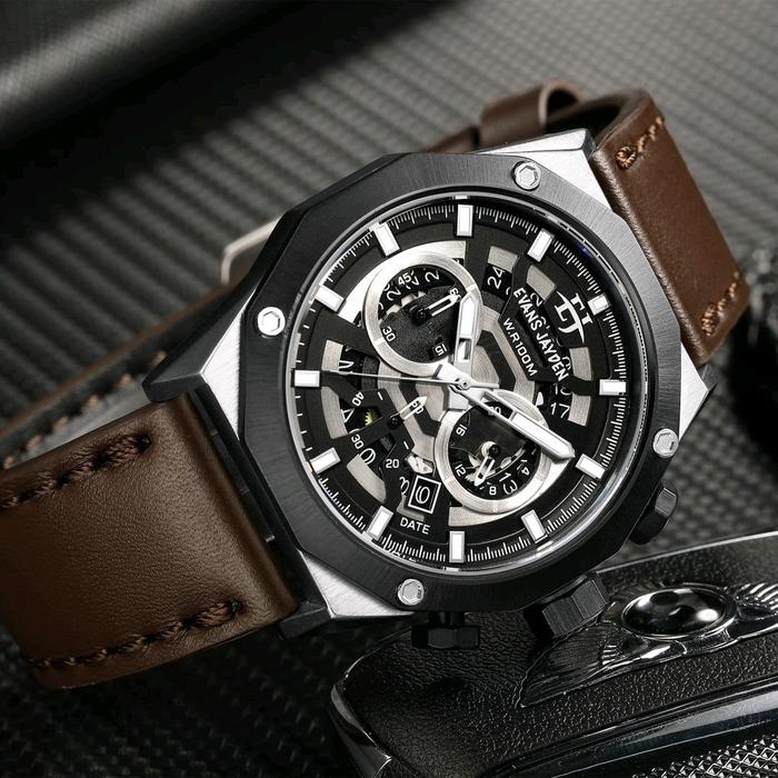 JAM TANGAN PRIA EVANS JAYDEN EJ-9589 LT STRAP KULIT BERGARANSI MESIN 1TH Quartz Stainless
