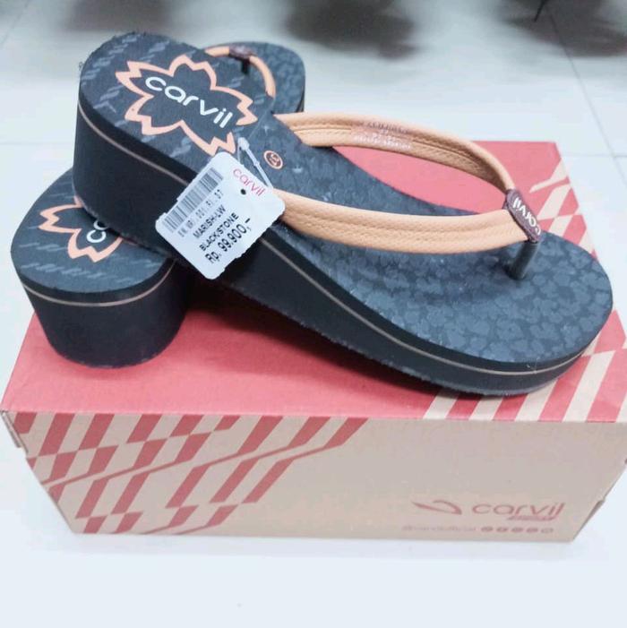 Carvil Sandal Wedges Wanita Casual Model Corvill Hitam dengan Tali Coklat dan Desain Bunga