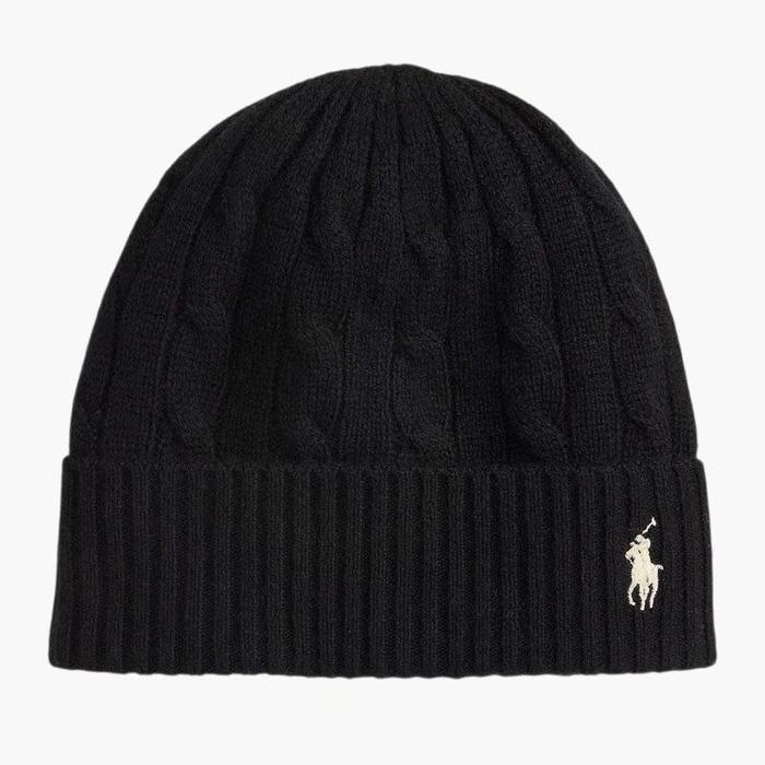 POLO RALPH LAUREN Cable-Knit Beanie Hat in Black Wool-Cashmere