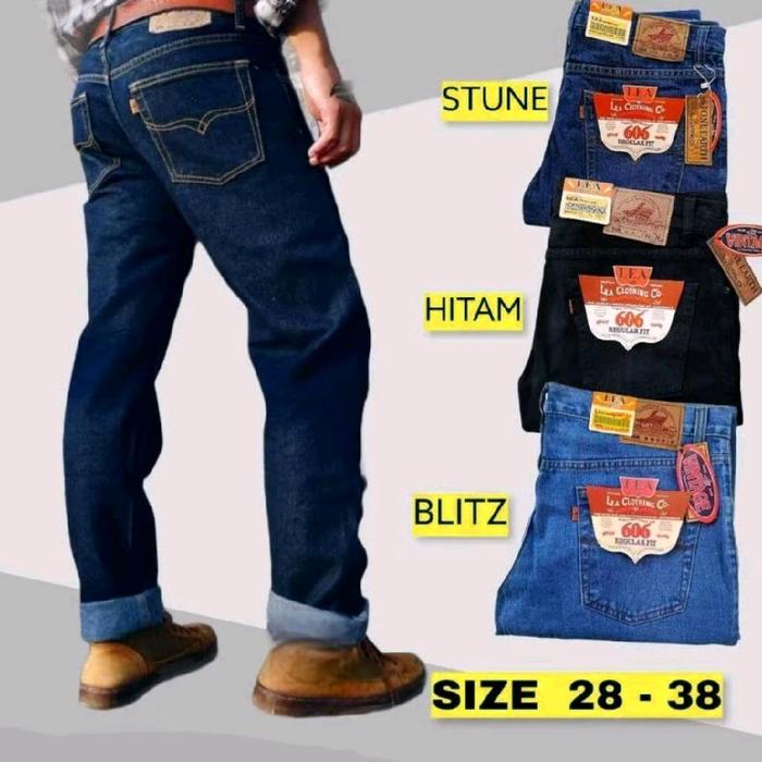Celana Jeans Pria Panjang Reguler Fit Lea 606 Denim Tebal Premium Celana Panjang Cowok Standar Hitam