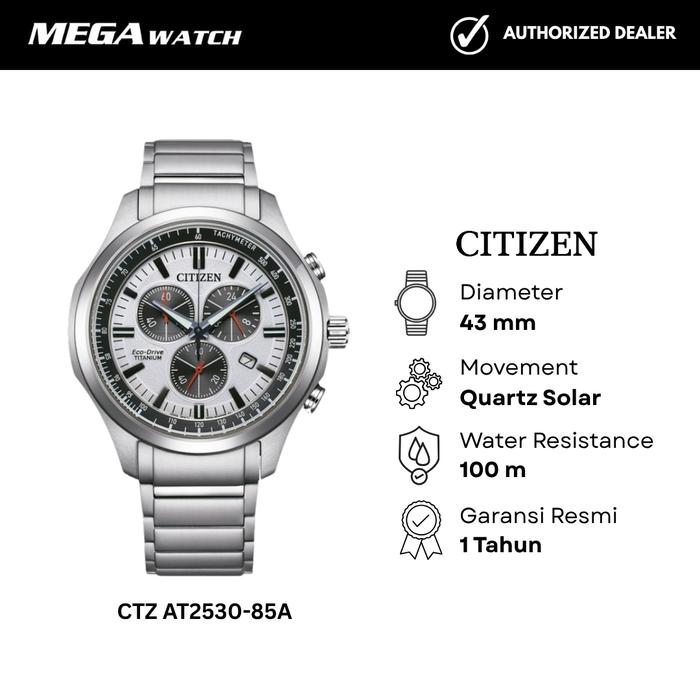 Jam Tangan CITIZEN Eco-Drive Pria CTZ AT2530-85A Chronograph White Dial Titanium Strap