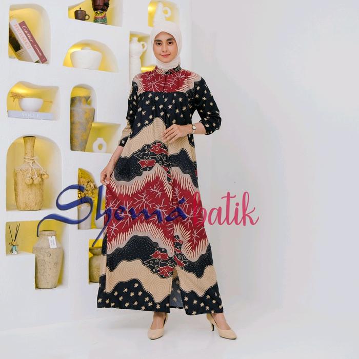 GAMIS BATIK BUSUI MERAH DELIMA LEHER SANGHAI LENGAN KARET KONDANGAN Katun Lembut Nyaman Keluarga Mus