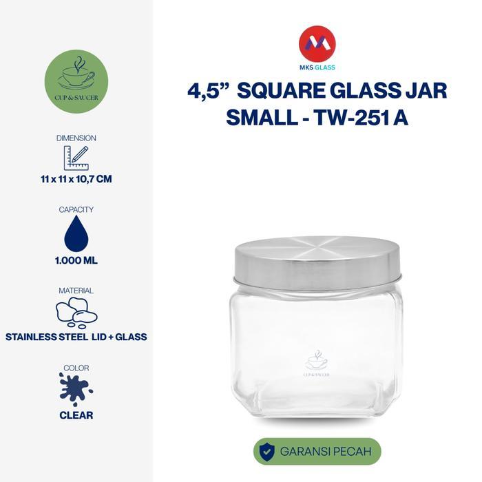 MKS Glass Toples Kaca Kotak Tutup Stainless Steel Kecil Kedap Udara 11 x 11 x 10,7 cm 1.000 ml Small