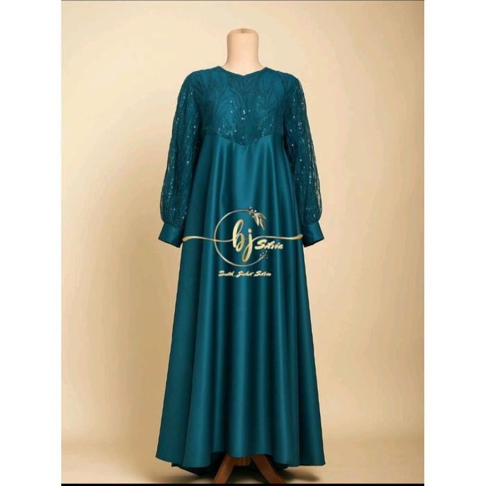 Dress Silk Kombinasi Tile Garden Premium Warna Hijau Emerald Gamis Brukat Tile Pesta Wanita Mewah