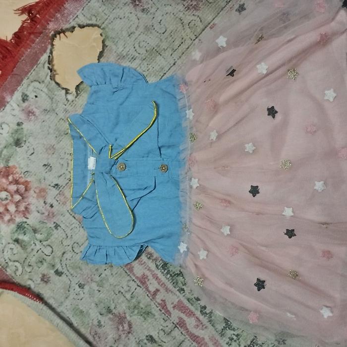 Baju PL Anak Import Biru & Pink dengan Renda Bintang untuk Tampilan Cantik